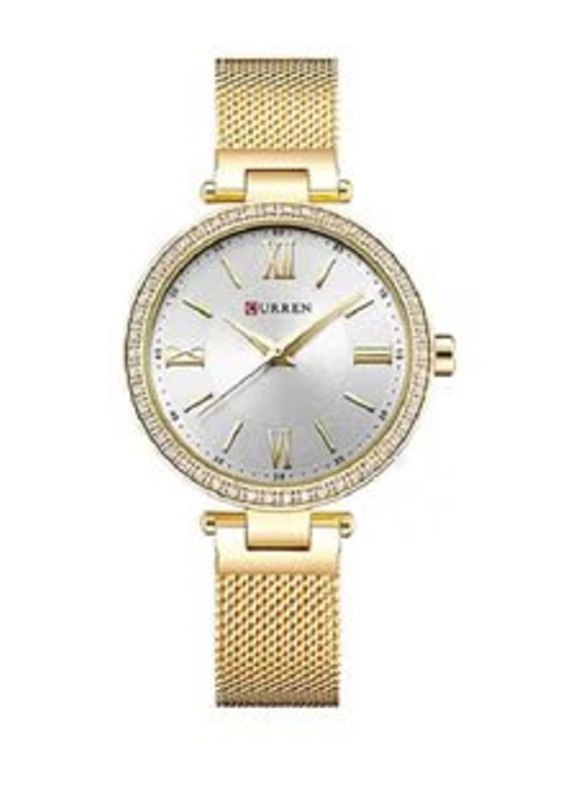 Curren Analog Watch for Women with Stainless Steel Band, Water Resistant, WT-CU-9011-GO1, Silver-Gold