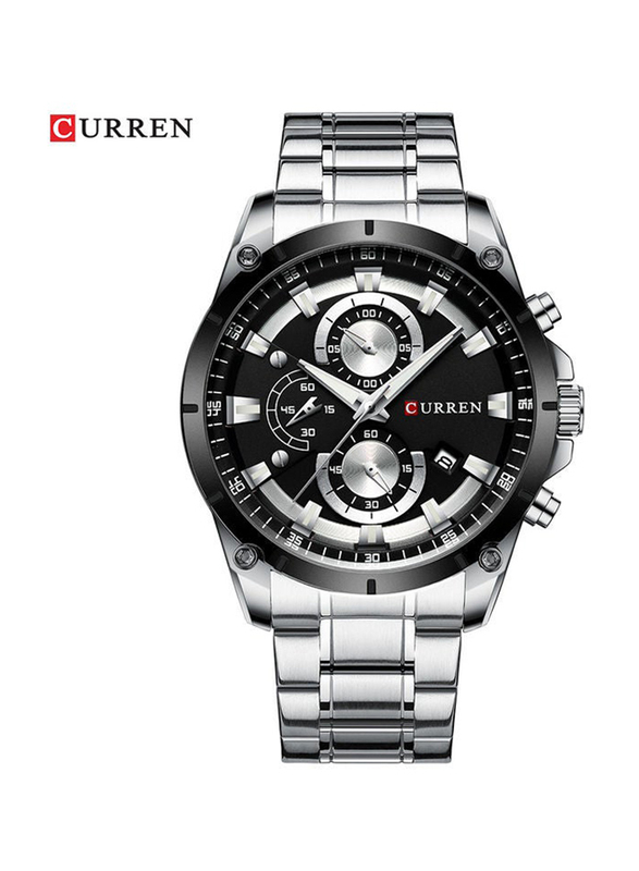 Curren Analog Watch for Men with Stainless Steel Band, Water Resistant and Chronograph, J4064WB-KM, Silver-Black