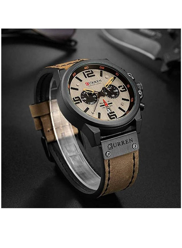 Curren Analog Watch for Men with Leather Band, Water Resistant and Chronography, Brown-Brown