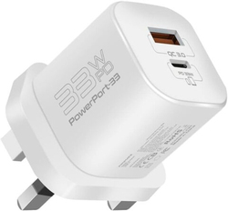 Promate Ultra-Compact 33W Gan USB-C Charger with Fast 22.5W Qc 3.0 Charging Port, White