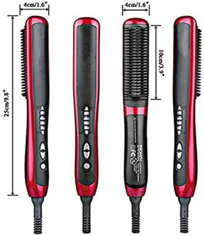 2-In-1 Hair Straightener Brush & Curler Comb with Anti-Scald Technology, Black/Red