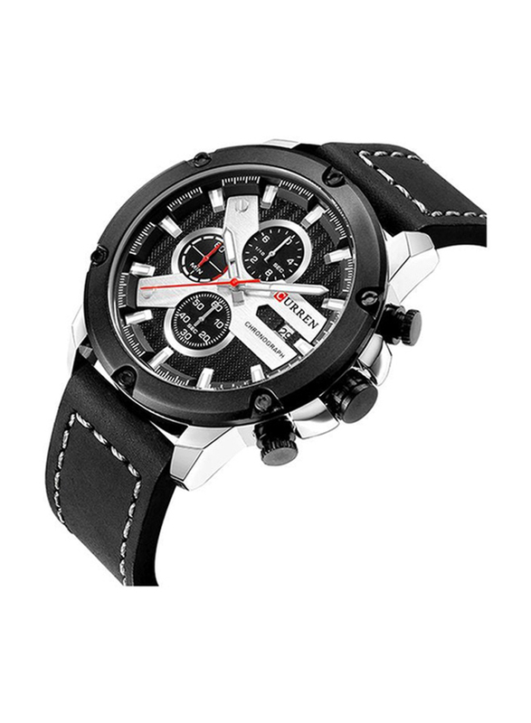 Curren Analog Watch for Men with Leather Band, Water Resistant and Chronograph, 8308, Black
