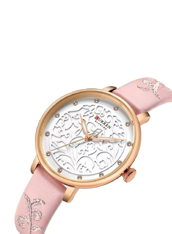 Curren Analog Watch for Women with Leather Band, Water Resistant, 201, Pink-White