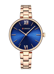 Curren Analog Watch for Women with Stainless Steel  Band, Water Resistant, CU-9017-RGO2, Rose Gold-Blue