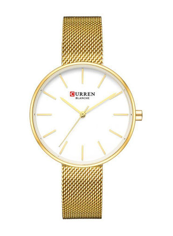 Curren Analog Watch for Women with Stainless Steel Band, Water Resistant, 9042, Gold-White