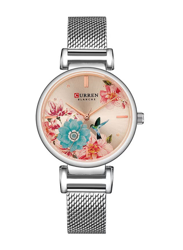 Curren Analog Watch for Women with Stainless Steel Band, Water Resistant, 9053-4, Silver-Multicolour