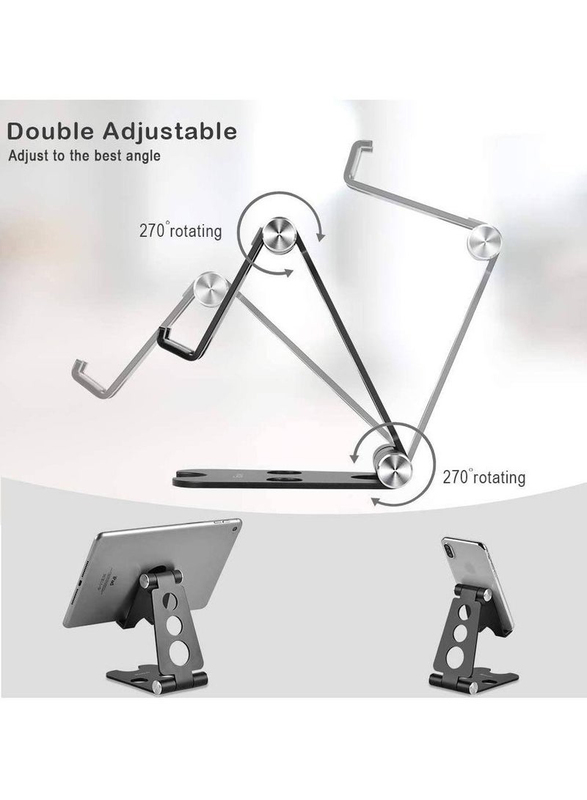 Adjustable Desktop, Tablet & Cell Phone Holder Aluminium Portable Folding Tablet Stand Mounts with Anti-Slip Base, Black