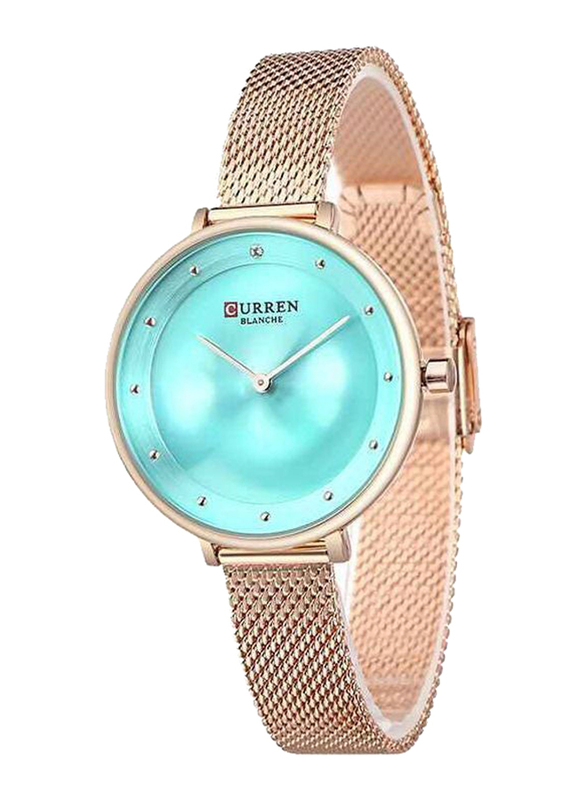 Curren Analog Watch for Women with Stainless Steel Band, Water Resistant, 9029, Gold-Blue