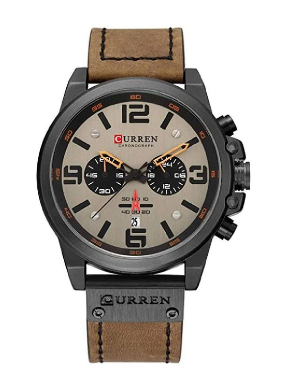 Curren Analog Watch for Men with Leather Band, Water Resistant and Chronography, Brown-Brown