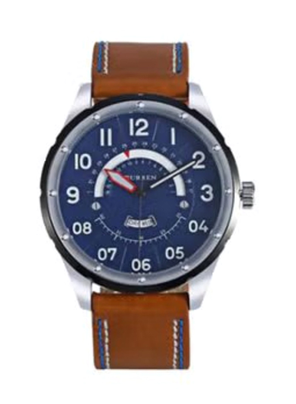 Curren Analog Watch for Men with Leather Band, Water Resistant, WT-CU-8267-BL, Blue-Brown