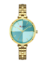 Curren Metal Quartz Analog Watch for Women with Alloy Band, Water Resistant, 9043, Gold-Blue