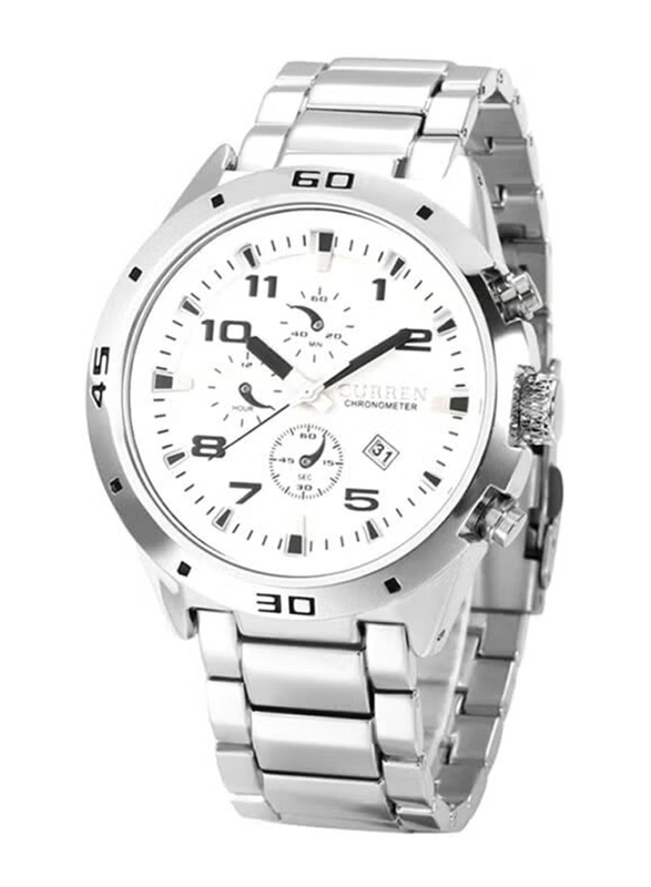 Curren Analog Watch for Men with Stainless Steel Band, Water Resistant, 8021, Silver-White