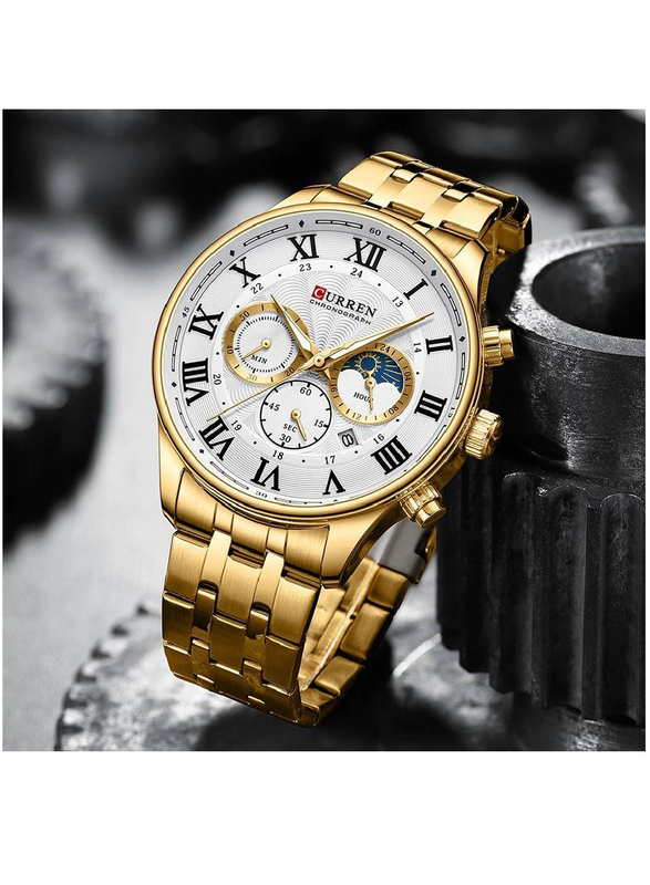 Curren Analog Watch for Men with Alloy Band, Water Resistant and Chronograph, Gold-White