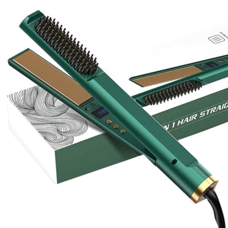 3-In-1 Tourmaline Ceramic Flat Iron, Hair Straightener Brush, Green