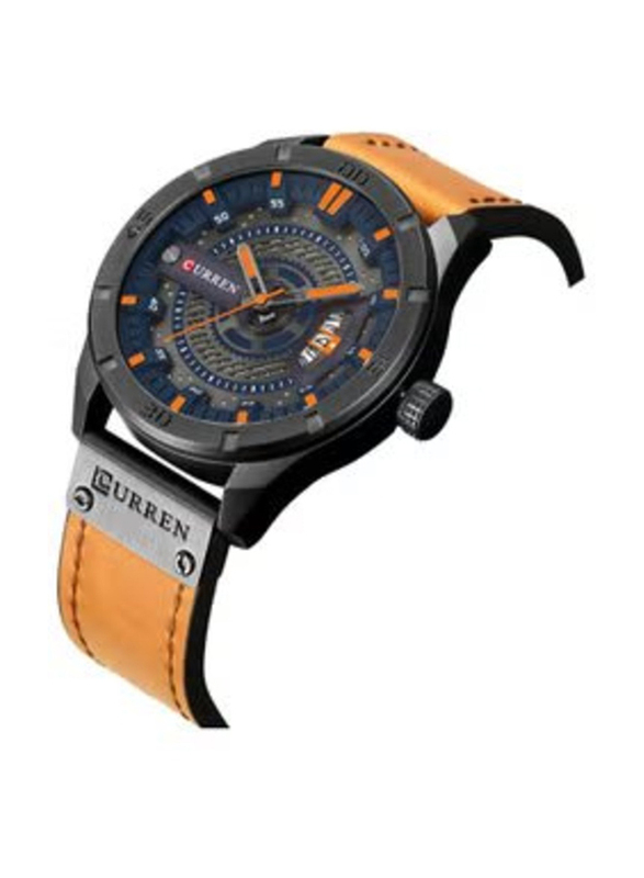 Curren Analog Watch for Men with Leather Band, J2775BLC-KM, Black/Blue-Brown