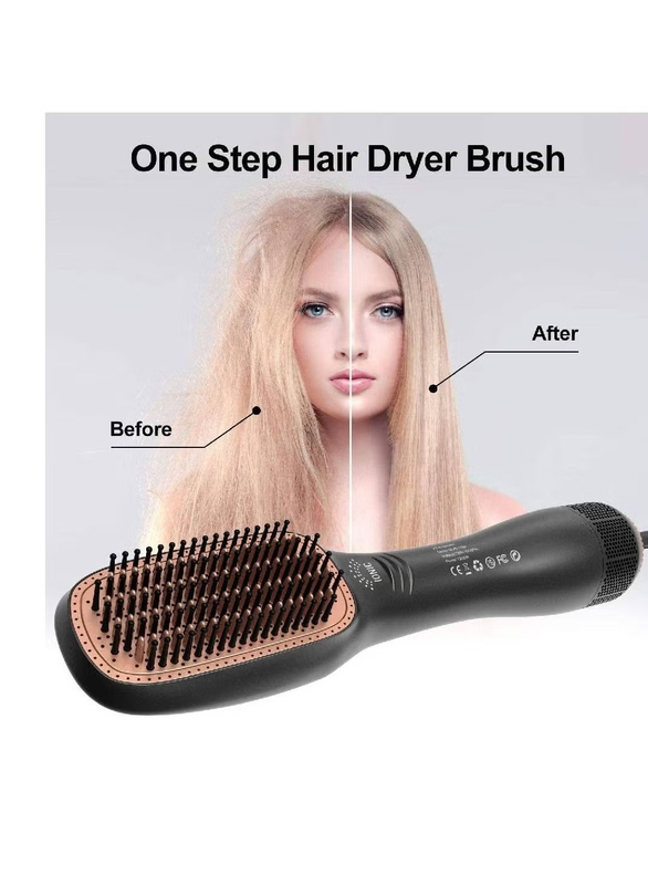3-in-1 Professional Hair Brush Negative Iron Blow Dryer Straightening Brush, Black
