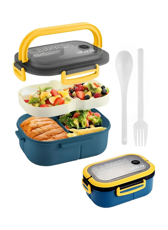 

Generic Double Layer Bento Lunch Box with Spoon & Fork, 1200ml, Multicolour