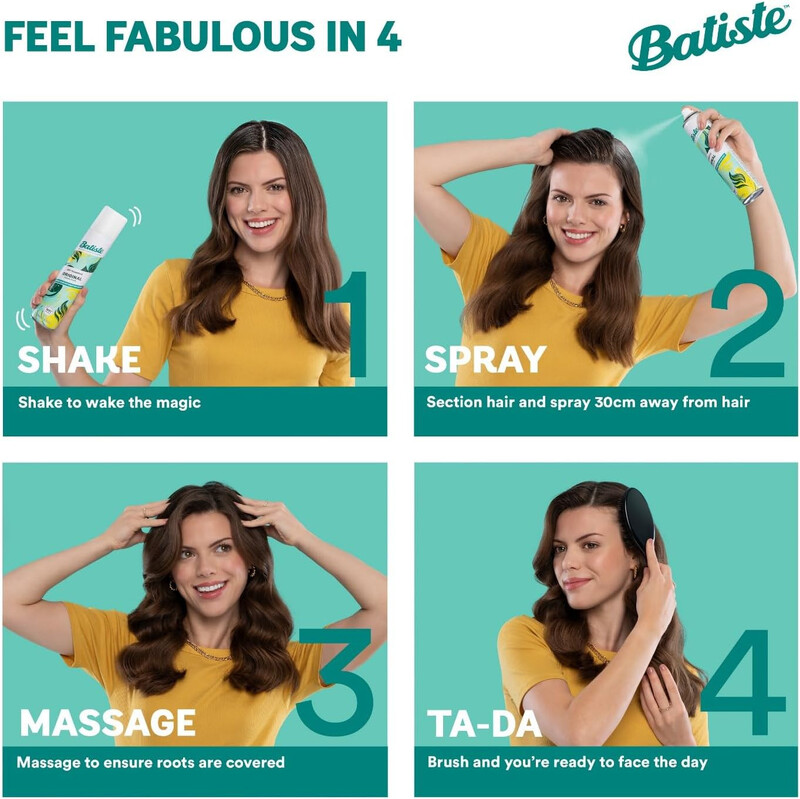 Batiste Volume Dry Shampoo for Fresher, Fuller & Lifeless Hair, Quick Fix, Pro Tip, Feel Fabulous in 4- Shake, Spray, Massage, Removes Oil from Roots, 200ml