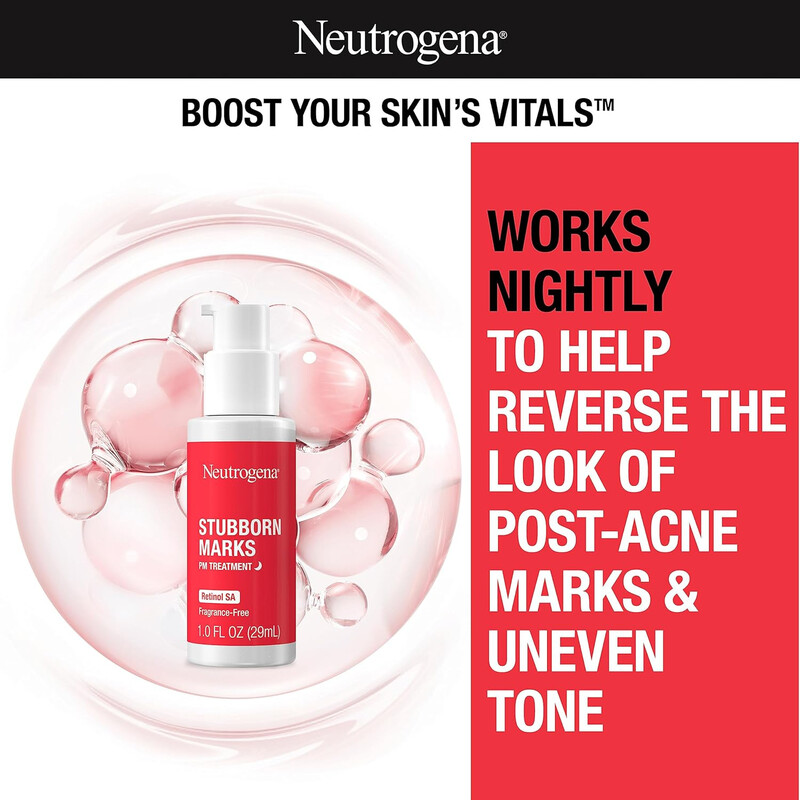 Neutrogena Stubborn Marks PM Treatment Retinol Serum, Acne Scar Treatment for Face to Help Reverse the Look of Post-Acne Marks & Uneven Skin Tone, Oil-Free, Non-Comedogenic, Fragrance Free, 1.0 fl. oz