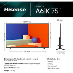 Hisense 75A61K 4K Smart DLED Television 75inch 2023 Model