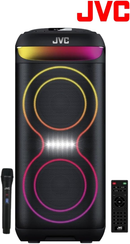 

Jvc Portable Party Speaker with 1200W Output, Bluetooth, Sound Sensitive LED lights, Rechargeable Battery, and Microphone - XS-N4213PB