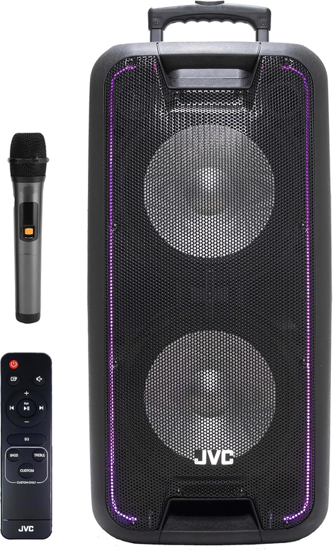 

Jvc Portable Trolley Party Speaker with 1600W Output, Bluetooth, FM Radio, Dynamic Light Show, and 2-Wireless Mics - XS-N518PB