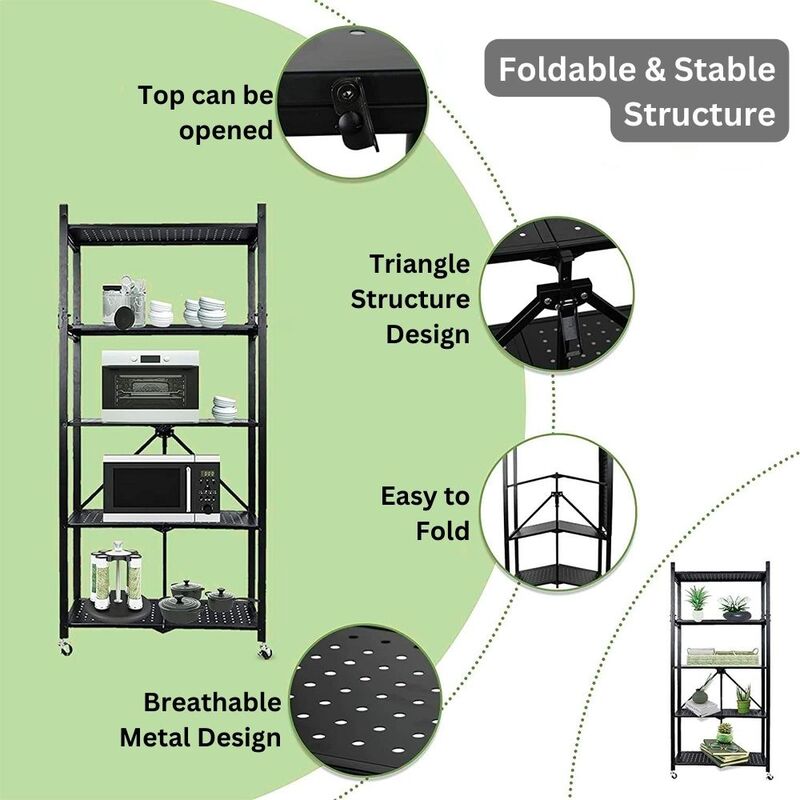 HEXAR 5 Tier Foldable Storage Organizer Heavy Duty Metal Rack Storage Shelving Unit with Wheels Kitchen Cabinet Multipurpose Shelf Storage Rack for Living Room Bedroom Kitchen (5 TIER METAL)