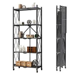 HEXAR 5 Tier Foldable Storage Organizer Heavy Duty Metal Rack Storage Shelving Unit with Wheels Kitchen Cabinet Multipurpose Shelf Storage Rack for Living Room Bedroom Kitchen (5 TIER METAL)