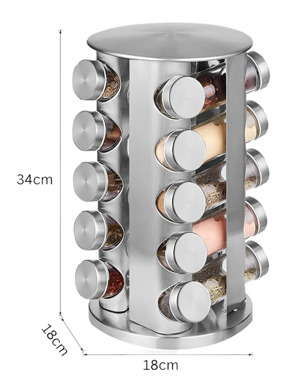 Hexar Stainless Steel Revolving Spice Jars with Rack, 21 Pieces, Silver