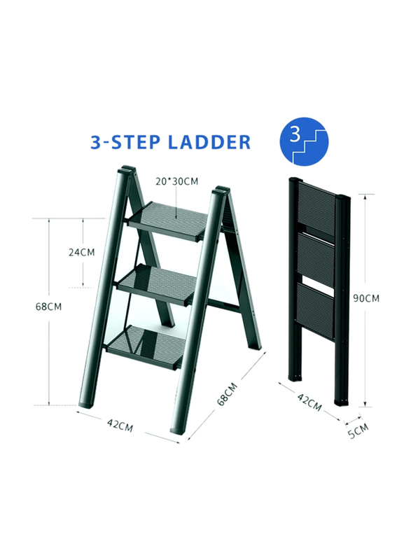 Hexar 3-Steps Multipurpose Step Ladder Folding Ladder with Anti-Slip Pedal, Black