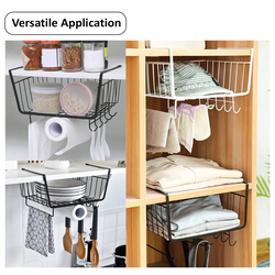 HEXAR Under Shelf Basket, Multifunctional Metal Cabinet Storage Basket with 4 Hooks Towel Holders Basket Organizer For Kitchen Pantry Closet