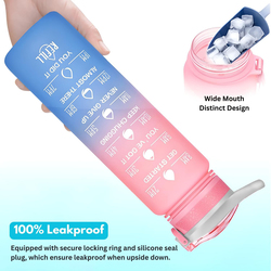 Hexar Leakproof Motivational Sports Water Bottle with Straw & Time Marker, 1L, Peach/Blue