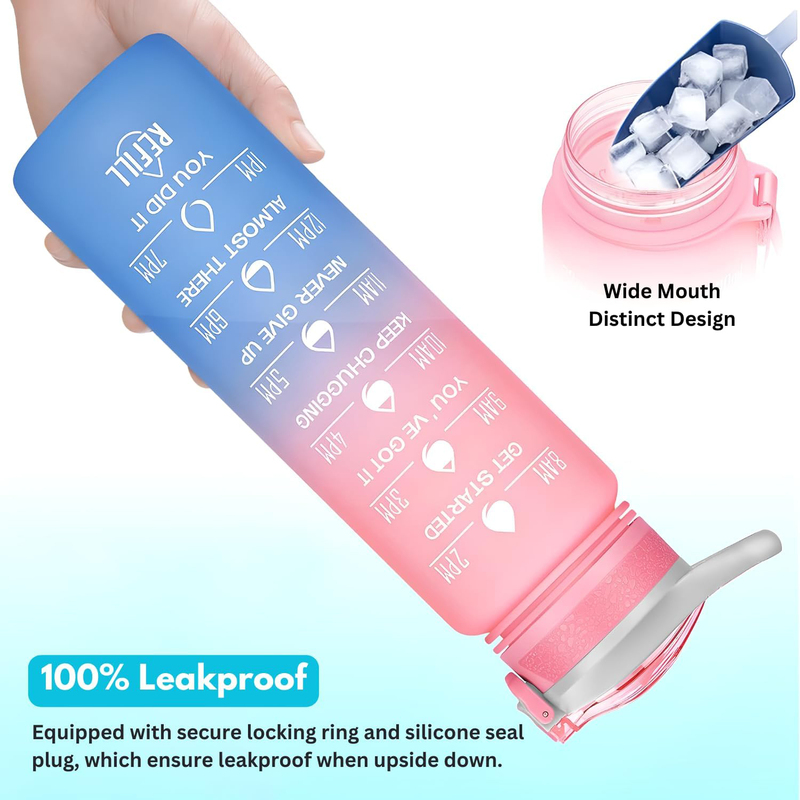 Hexar Leakproof Motivational Sports Water Bottle with Straw & Time Marker, 1L, Blue Gradient