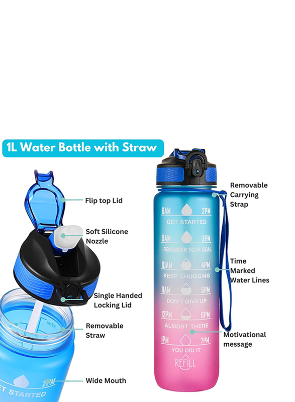 Hexar Leakproof Motivational Sports Water Bottle with Straw & Time Marker, 1L, Blue Gradient