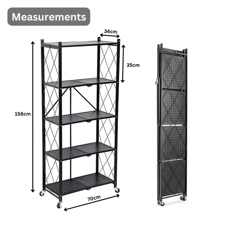 HEXAR 5 Tier Foldable Storage Organizer Heavy Duty Metal Rack Storage Shelving Unit with Wheels Kitchen Cabinet Multipurpose Shelf Storage Rack for Living Room Bedroom Kitchen (5 TIER METAL)