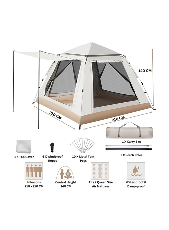Hexar Automatic Instant Pop-Up Portable Camping Tent with Carry Bag, 4 Person, Beige