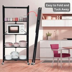 HEXAR 5 Tier Foldable Storage Organizer Heavy Duty Metal Rack Storage Shelving Unit with Wheels Kitchen Cabinet Multipurpose Shelf Storage Rack for Living Room Bedroom Kitchen (5 TIER METAL)