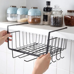 HEXAR Under Shelf Basket, Multifunctional Metal Cabinet Storage Basket with 4 Hooks Towel Holders Basket Organizer For Kitchen Pantry Closet