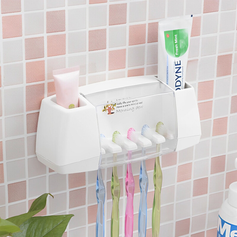 

Hexar Toothbrush Holder, 5 Slots 2 Cups Multifunctional Space-Saving Toothbrush and Toothpaste Holder, Dust Protection Cover Drain Holes Suction Hook Wall M