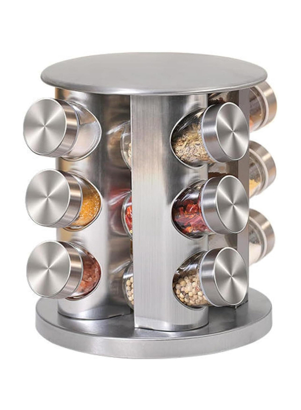 Hexar Stainless Steel Revolving Spice Jars with Rack, 13 Pieces, Silver