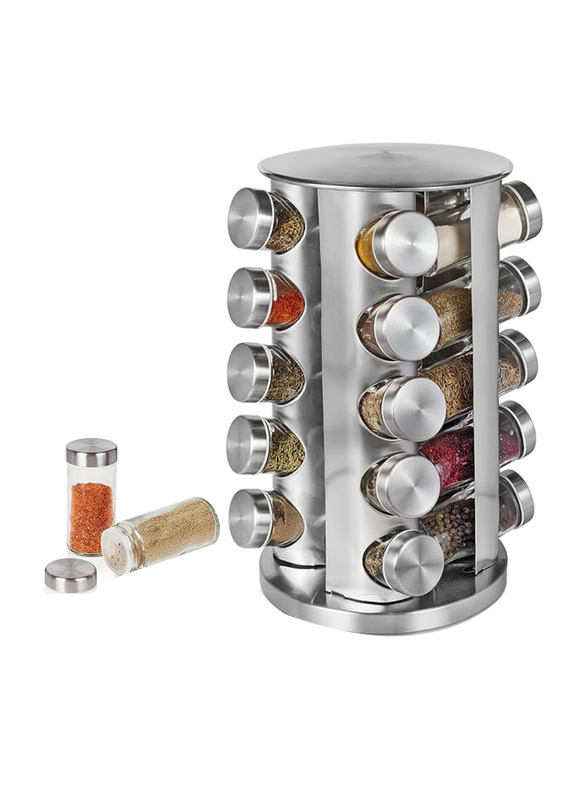 Hexar Stainless Steel Revolving Spice Jars with Rack, 21 Pieces, Silver