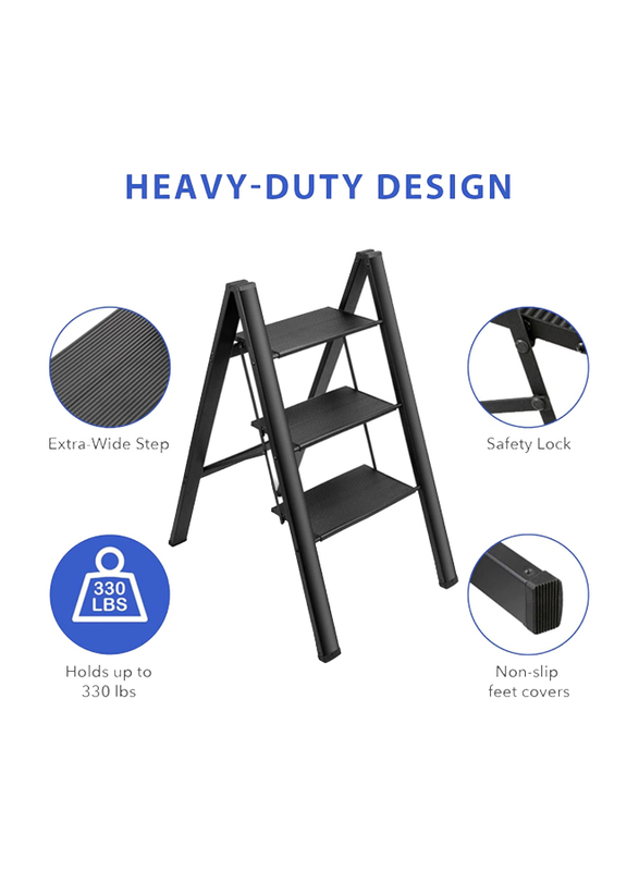 Hexar 3-Steps Multipurpose Step Ladder Folding Ladder with Anti-Slip Pedal, Black