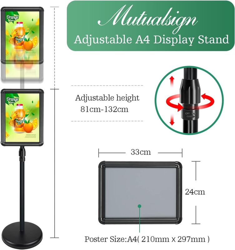Dingo A4 Sign Holder Stand Adjustable Poster Display Stand, Floor Display Stands Replaceable Advertisement with Stable Metal Base, (Black)