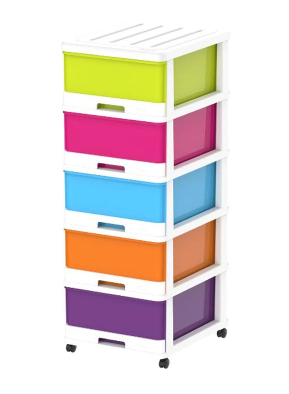 Cosmoplast 5-Tiers Storage Cabinet with Drawers & Wheels, Multicolour