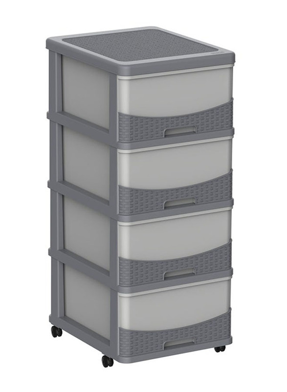 Cosmoplast 4-Level Cedarattan Portable Spacious Stylish Designed Storage Cabinet with Drawers & Wheels, Grey