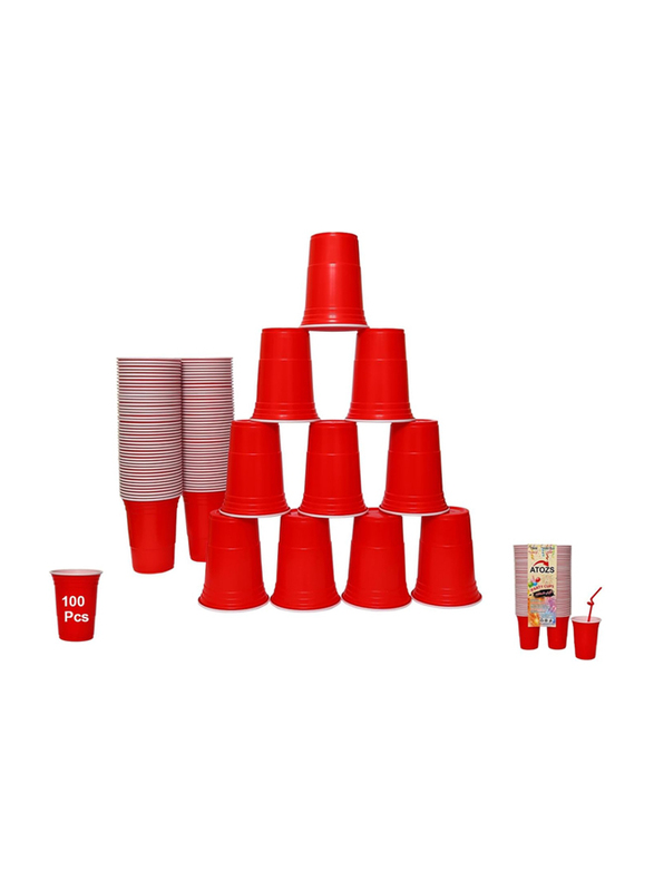 Atozs Disposable Plastic Party Cups, 100 x 16oz, Red