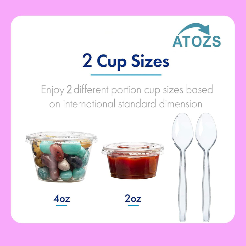 Atozs 200-Piece 2oz Disposable Plastic Portion Cups with Lids & Spoons, Clear