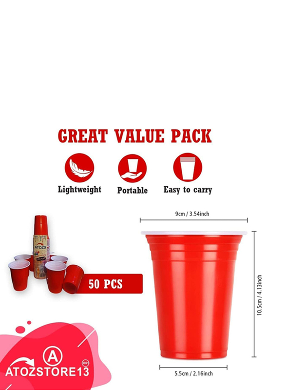 Atozs Disposable Plastic Party Cups, 50 x 16oz, Red