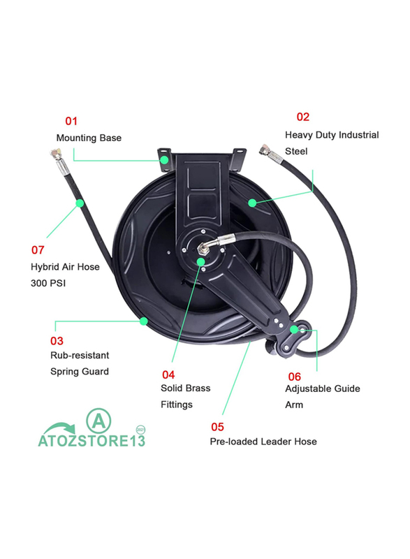 Atozs High Pressure Hose Reel for Air/Oil/Water, Black