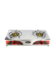 Olsenmark Double Burner Stainless Steel Gas Cooker Enamal Grate and Black Knob Auto-Ignition Gas Cooker, OMK2230Z, Silver
